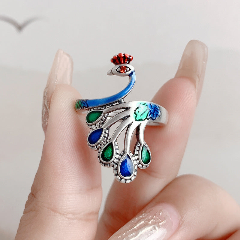 Tsinglong-Colorful Enamel Peacock Ring
