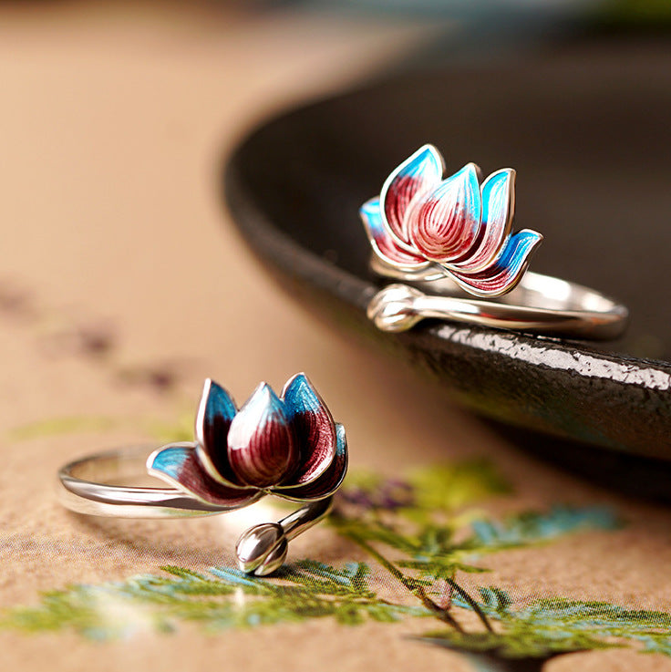 Tsinglong-Enamel Cloisonn¨¦ Lotus Ring