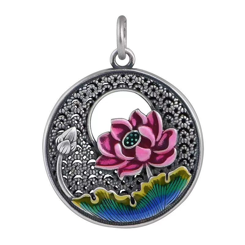 Tsinglong-Filigree CloisonnéLotus and Lily Pad Pendant