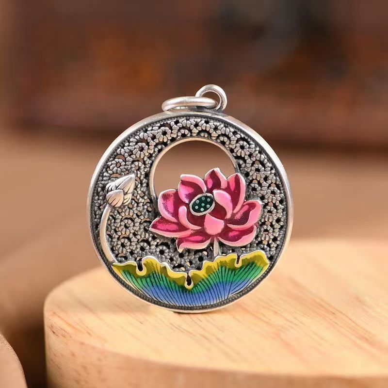 Tsinglong-Filigree CloisonnéLotus and Lily Pad Pendant