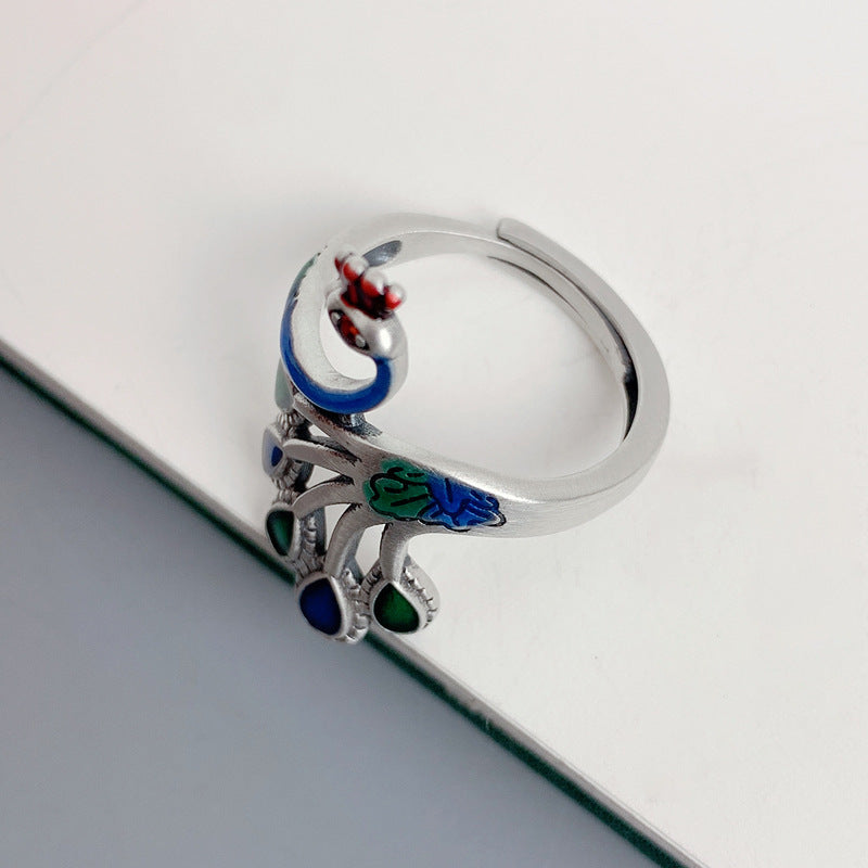 Tsinglong-Colorful Enamel Peacock Ring