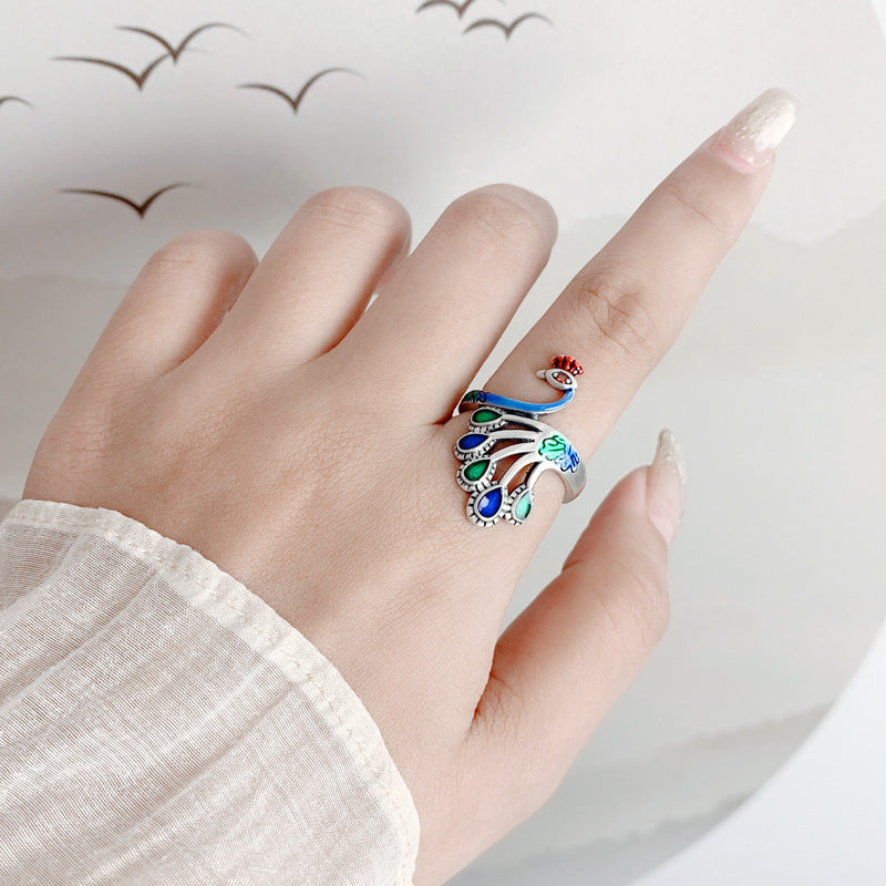 Tsinglong-Colorful Enamel Peacock Ring