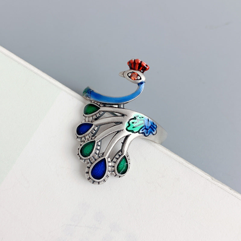 Tsinglong-Colorful Enamel Peacock Ring