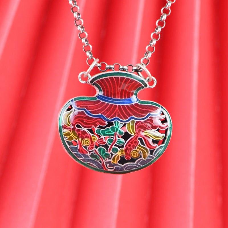 Tsinglong-Goldfish Lotus and Ingot Vase Pendant