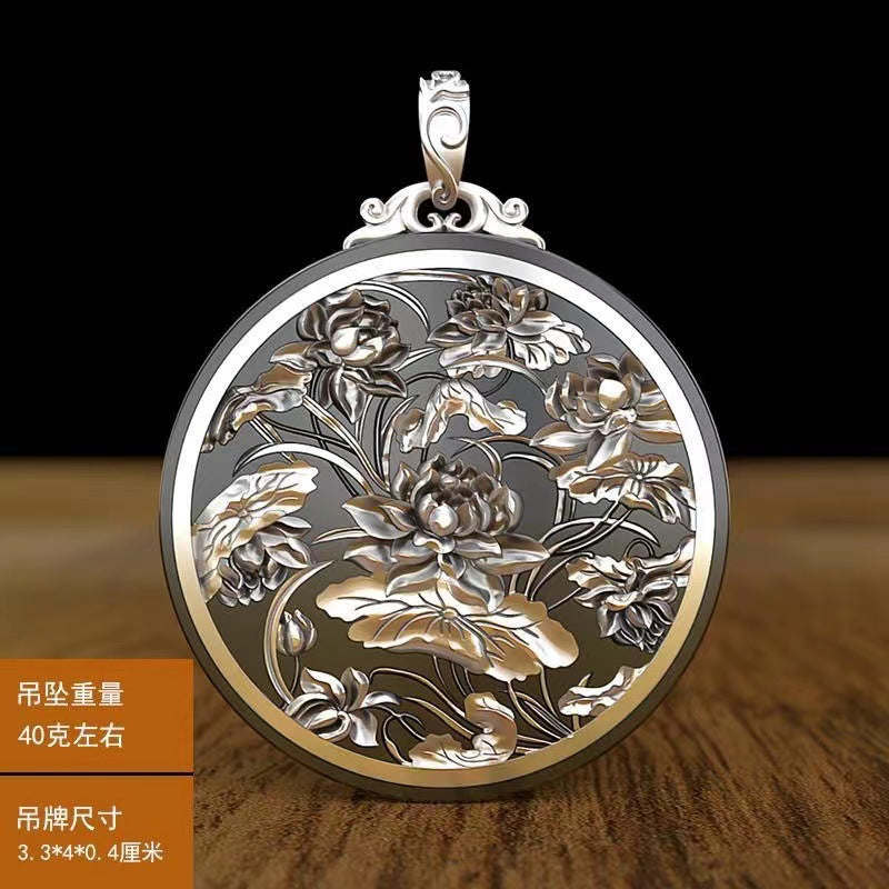 Tsinglong-Solid Round Lotus Pendant