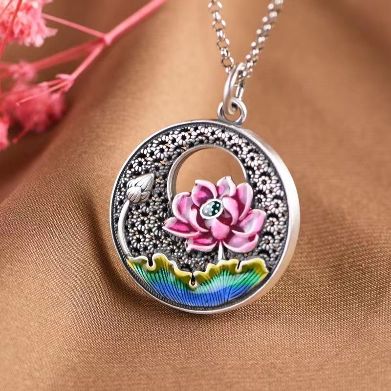 Tsinglong-Filigree CloisonnéLotus and Lily Pad Pendant